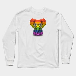 Baby Elephant with Glasses and Gay Pride Rainbow Flag Long Sleeve T-Shirt